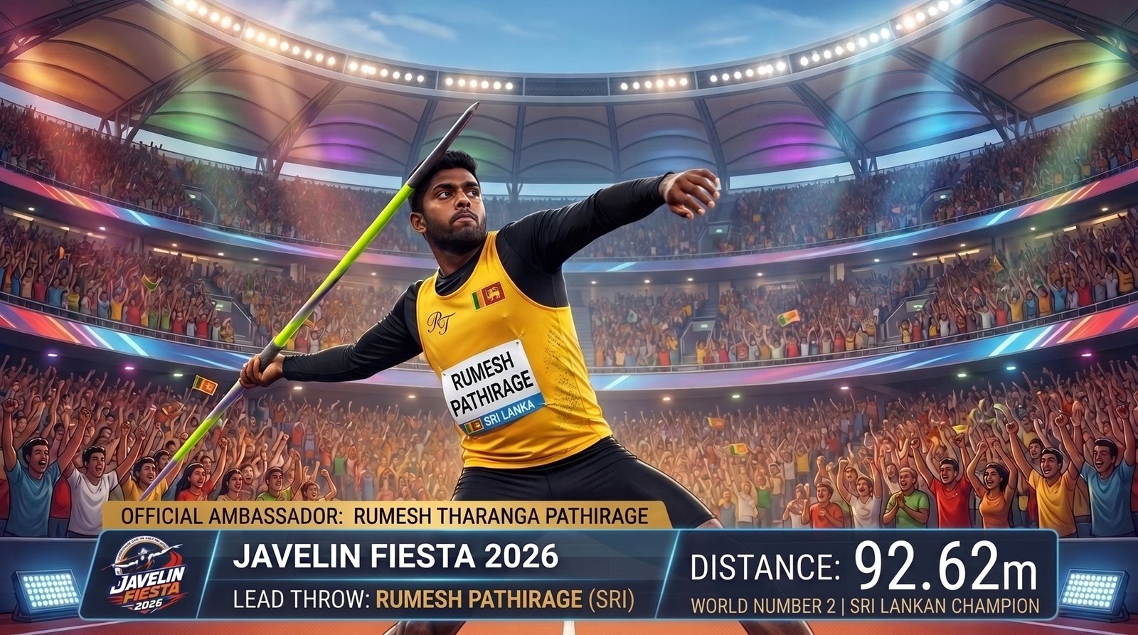 Javelin athlete mid-throw at a national stadium